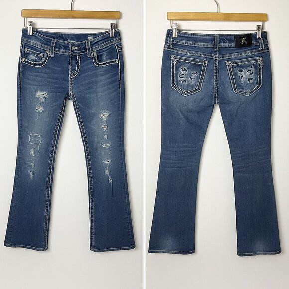 Miss Me Bootcut Jeans Size 28 Distressed Low Rise Medium Wash Rodeo Cowgirl - Picture 1 of 12
